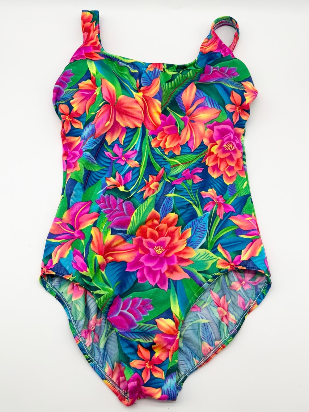 Vintage Lands End 1pcs Swimsuit Bright Tropical Print Made In US Size 14 Long